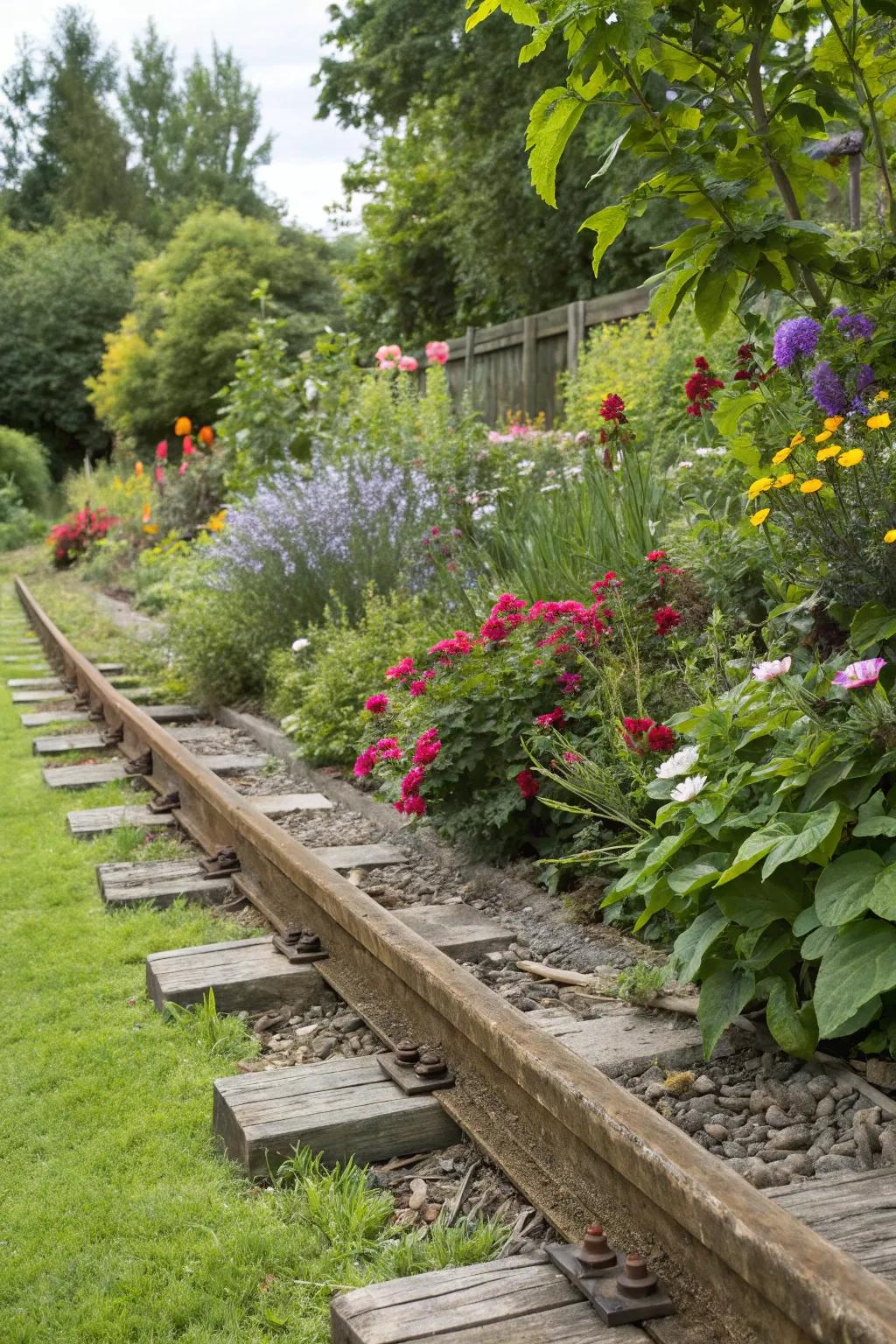 Railway sleepers providing a vintage charm to garden borders.
