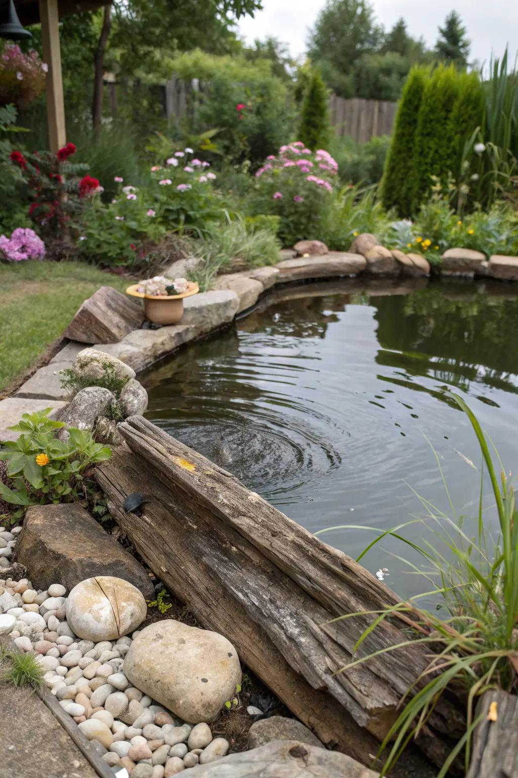 A pond creatively adorned with reclaimed driftwood.