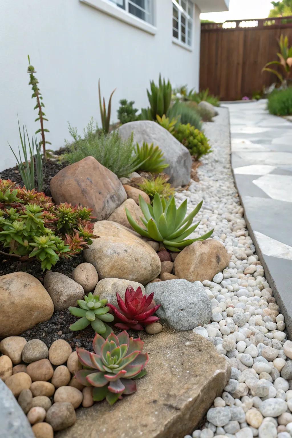 A serene rock garden with stones and succulents.