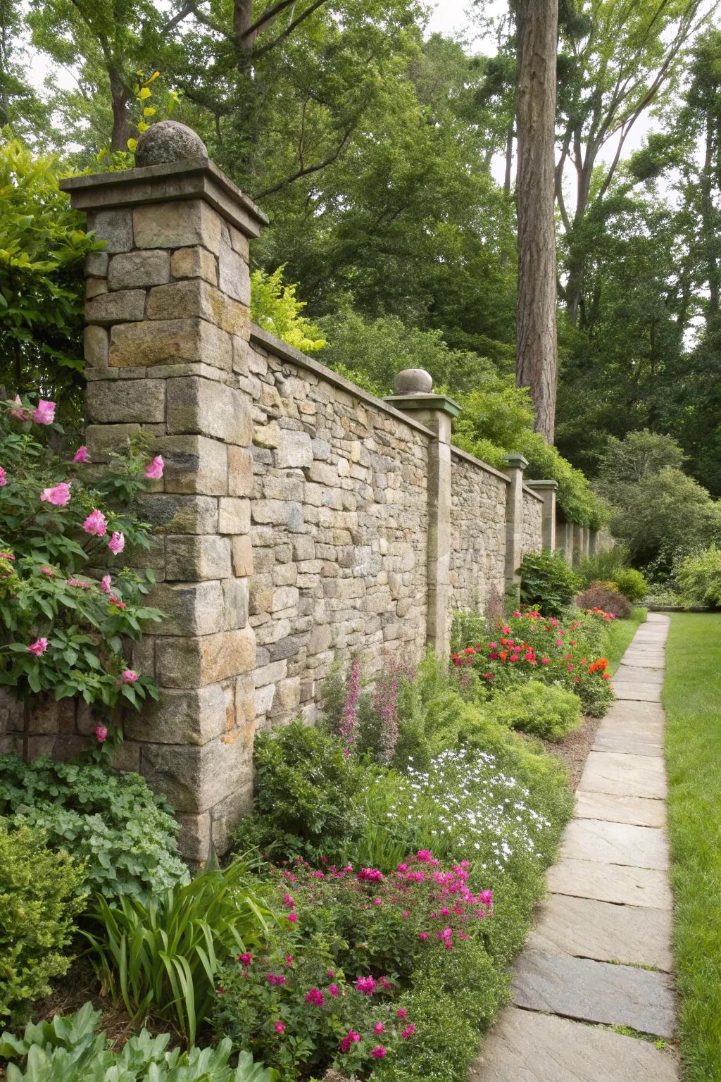 Natural stone walls add a timeless, sturdy element to garden privacy.