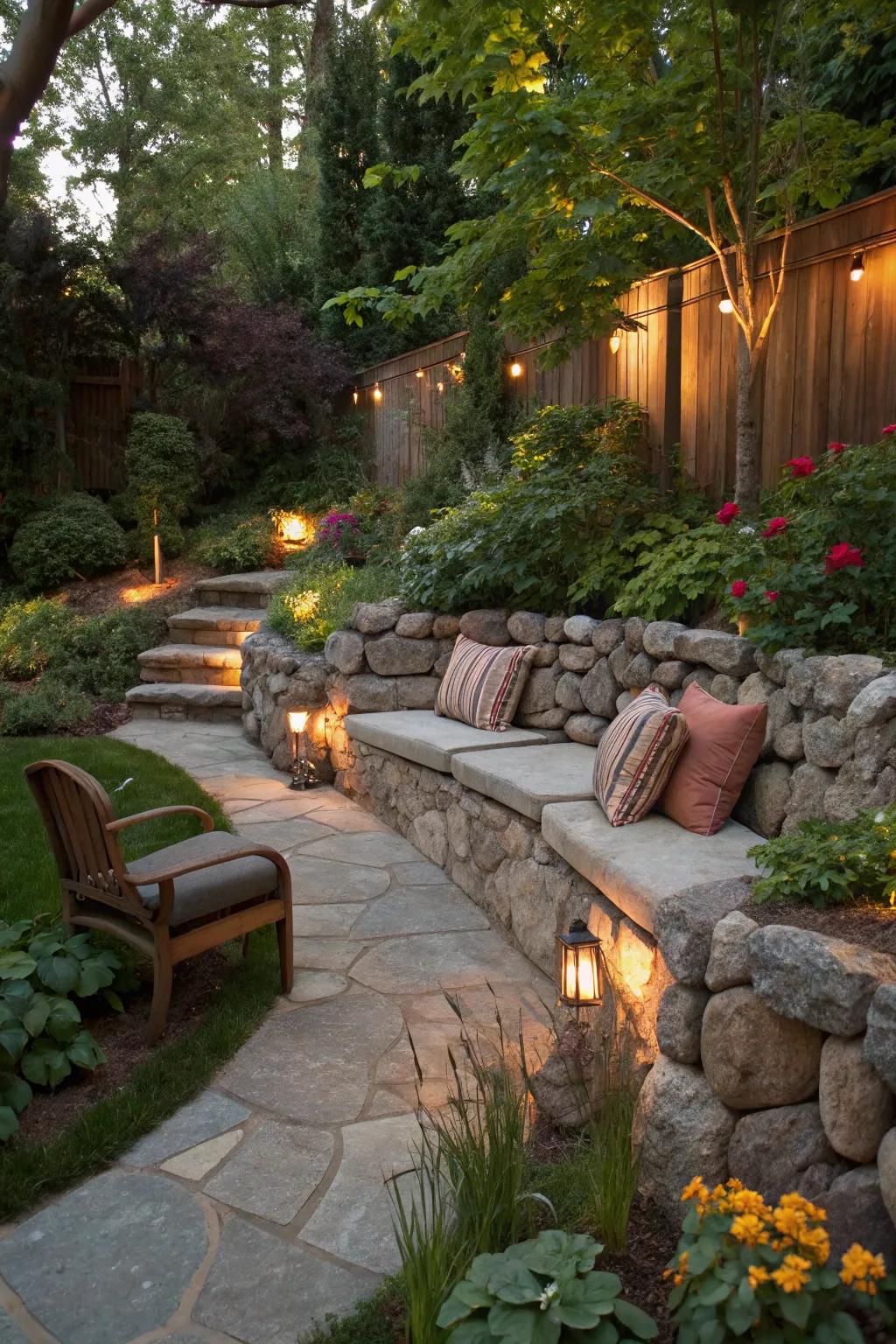A practical rock wall with seating, blending function with comfort.