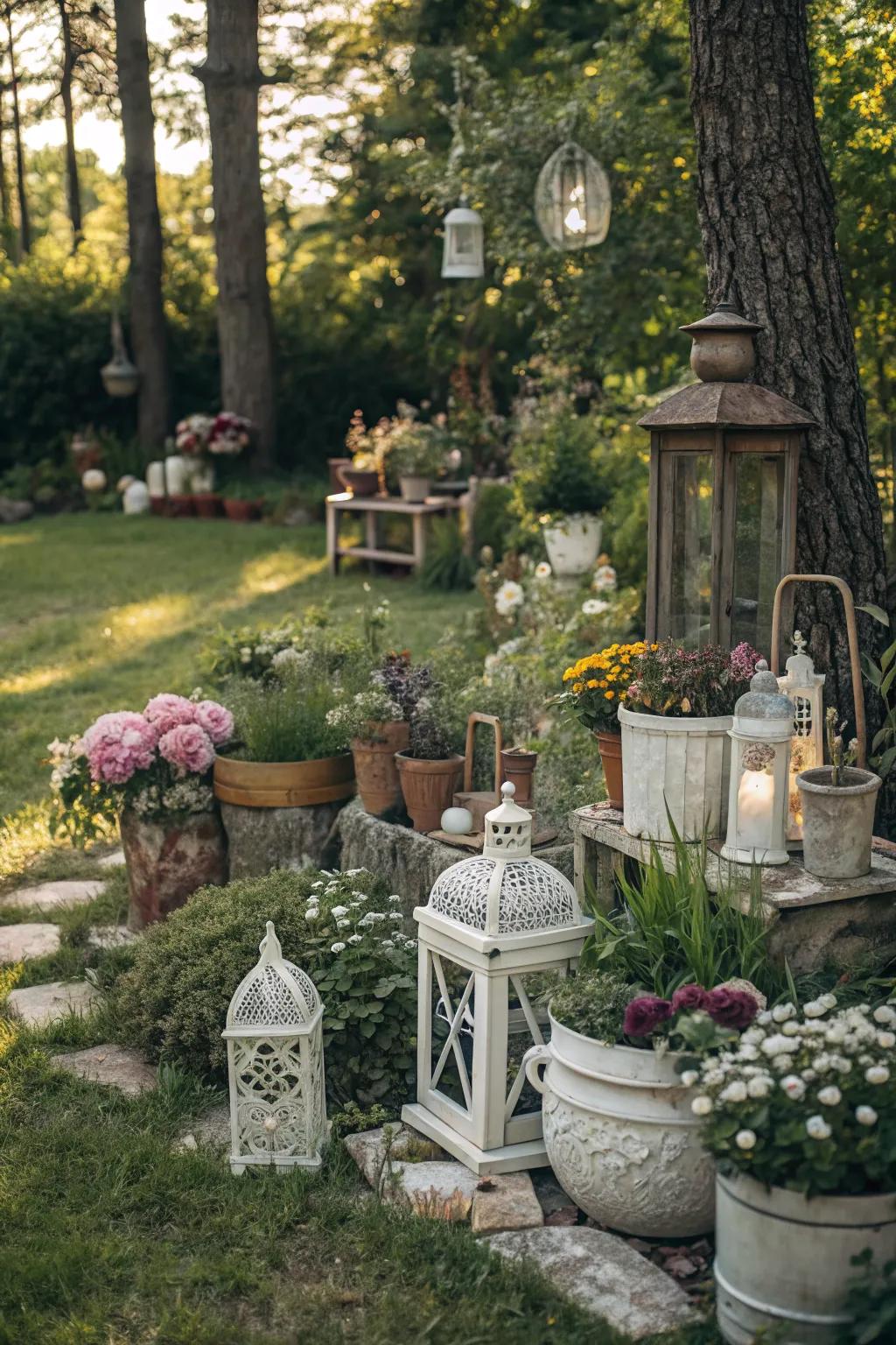Vintage and handmade decor items bring a sense of history and charm to the garden.