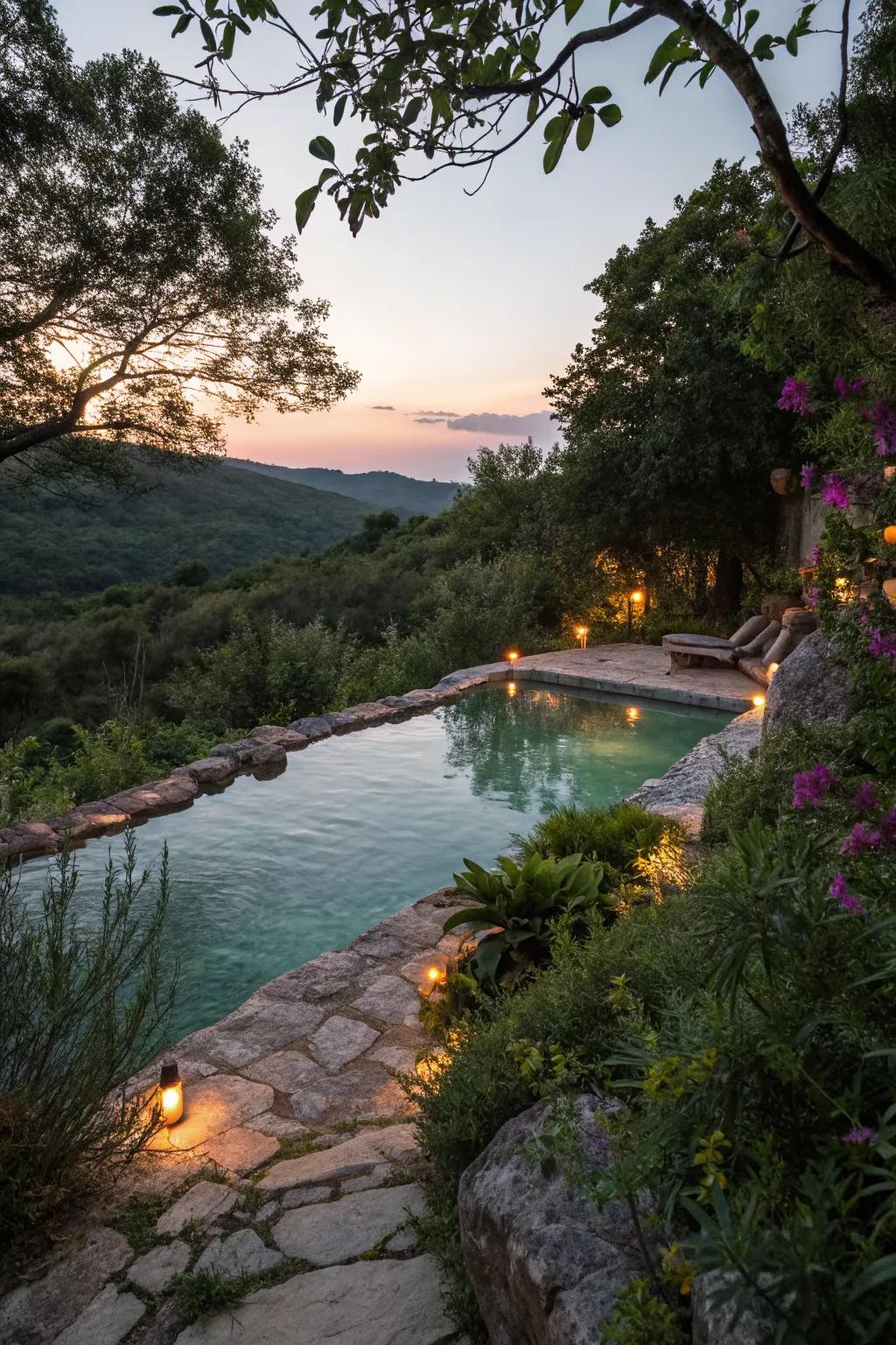 A natural swimming pool softly illuminated with eco-friendly lighting, perfect for evening enjoyment.
