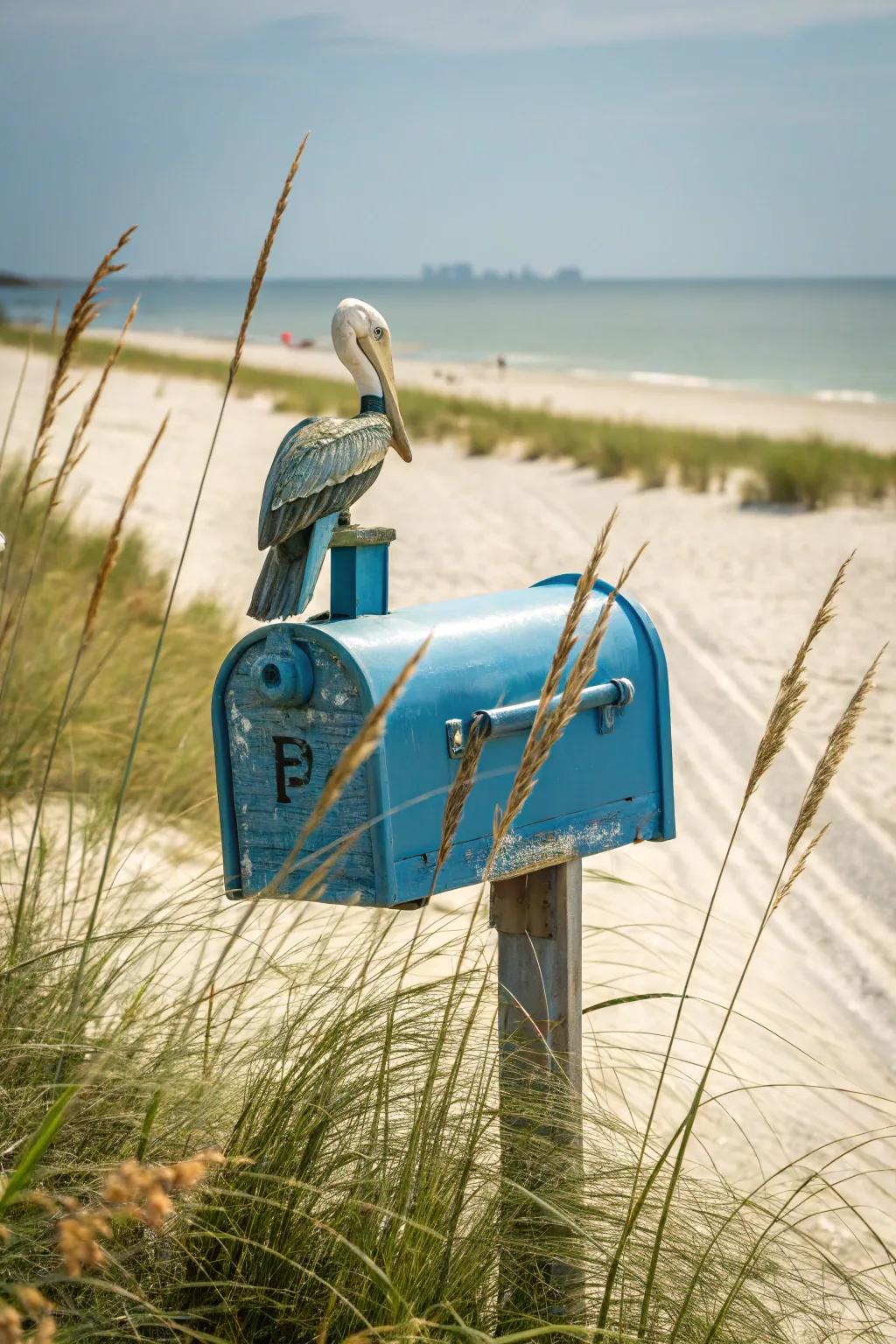 A mailbox with a pelican statue perched on top.