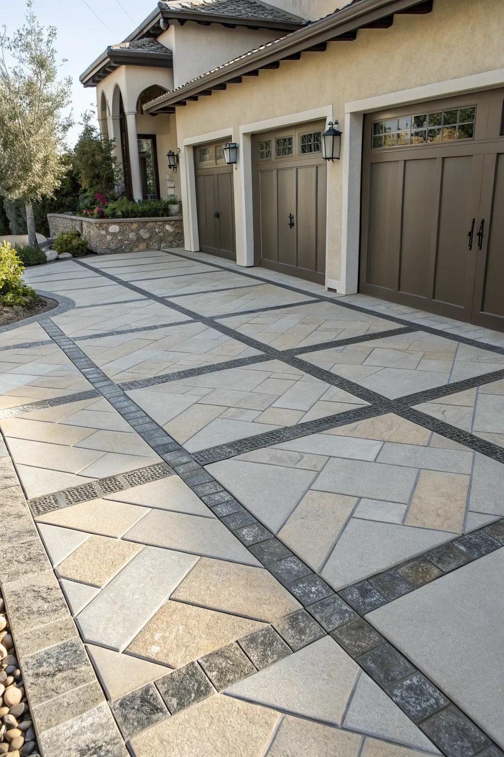 Geometric elegance with diagonal stone and metal accents.
