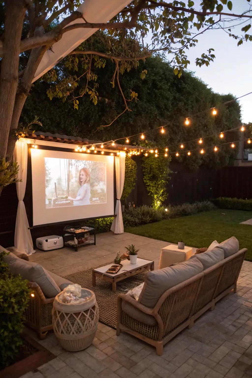 An inviting patio setup for magical movie nights under the stars.