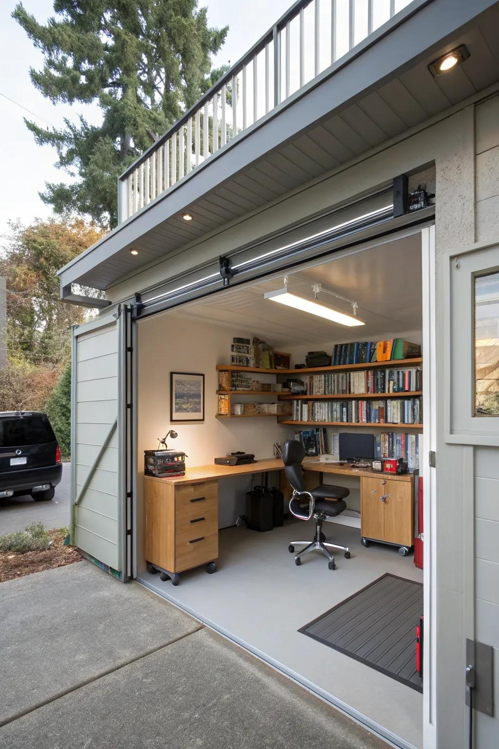A garage with a versatile loft space for multiple uses.