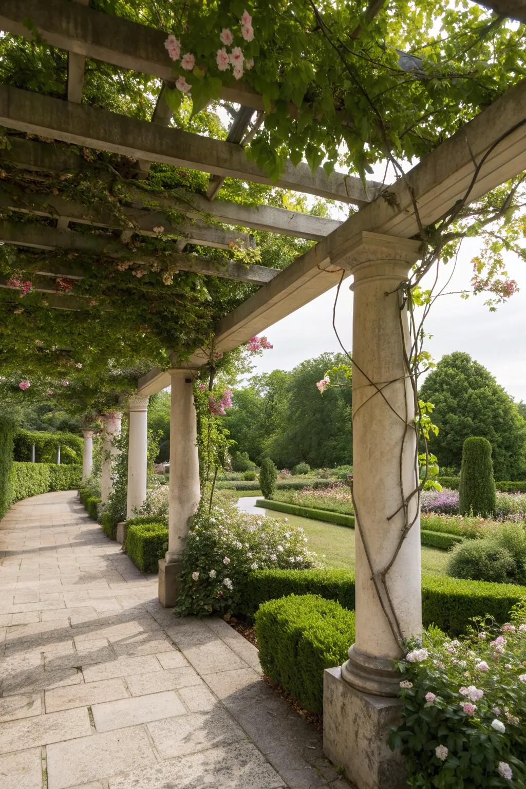 Pergolas add elegance and support climbing plants.