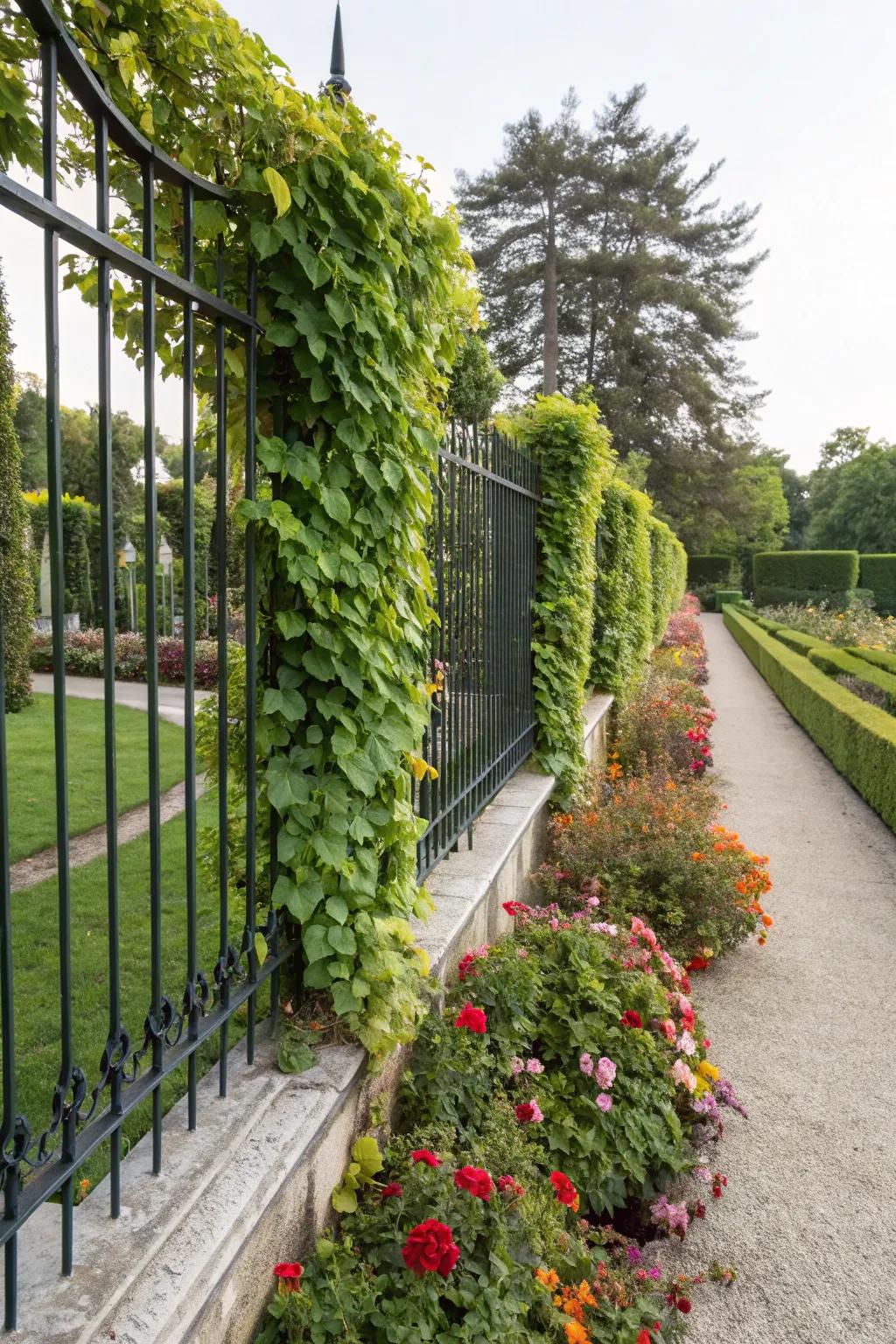 Climbing plants adding vertical interest and softening a garden fence.
