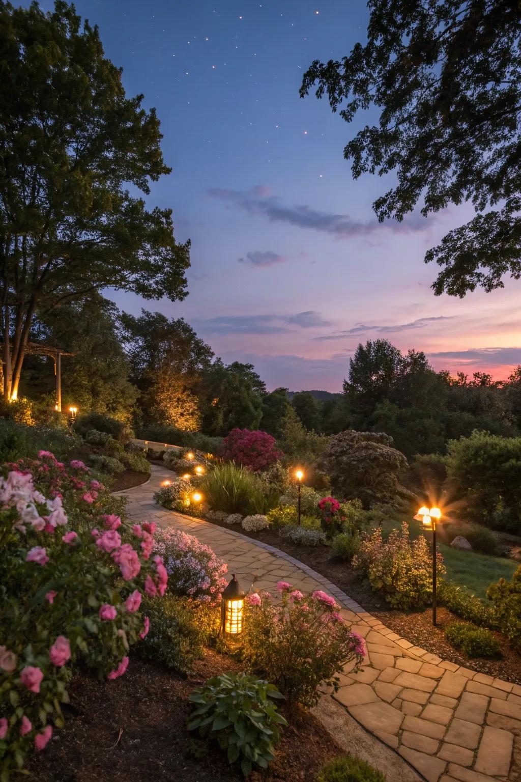 Outdoor lighting highlights garden features and extends usability.