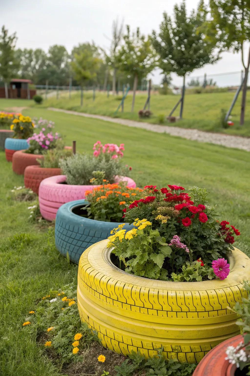 Car tires turned into creative flower pots.