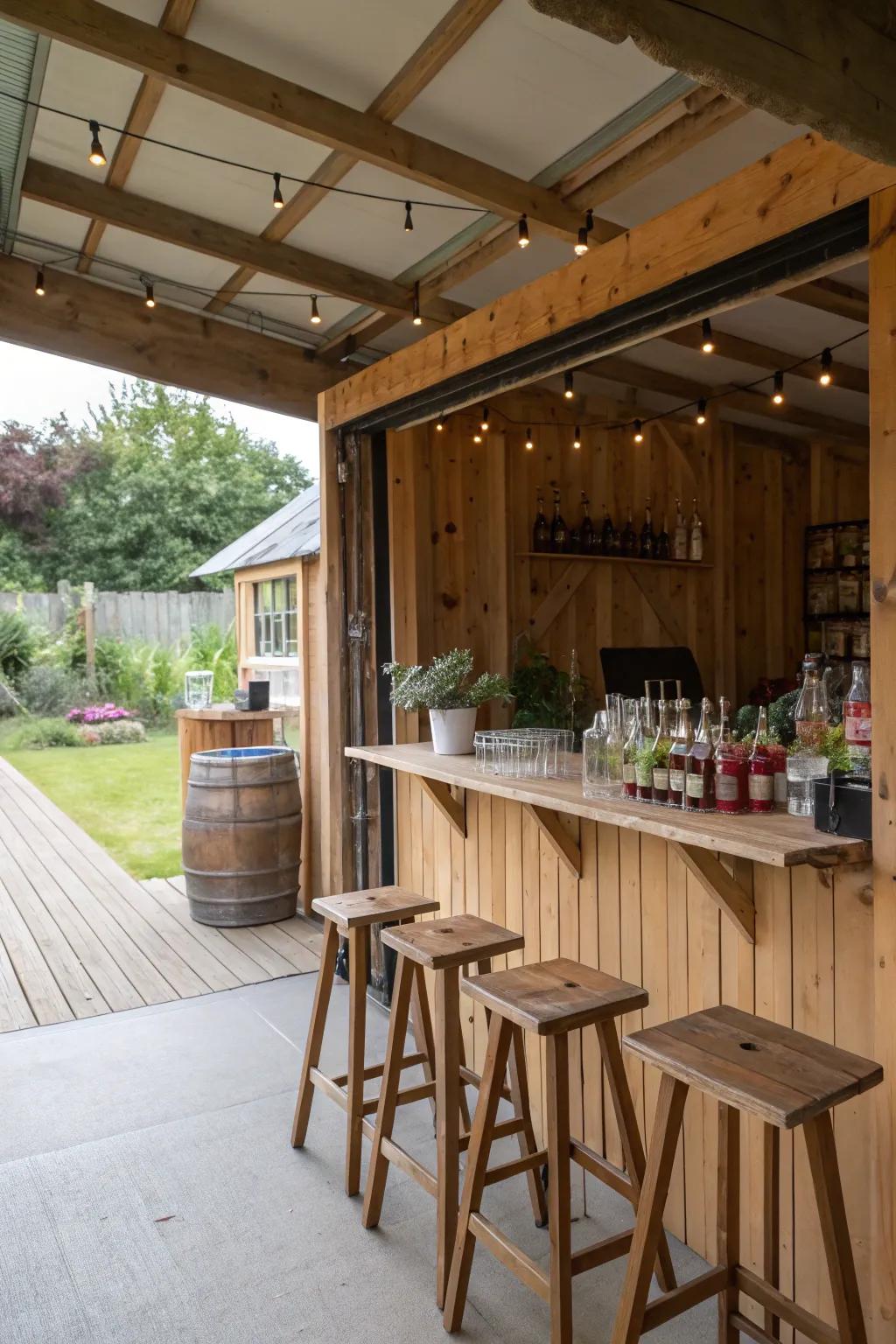 An inviting outdoor bar in an open shed.