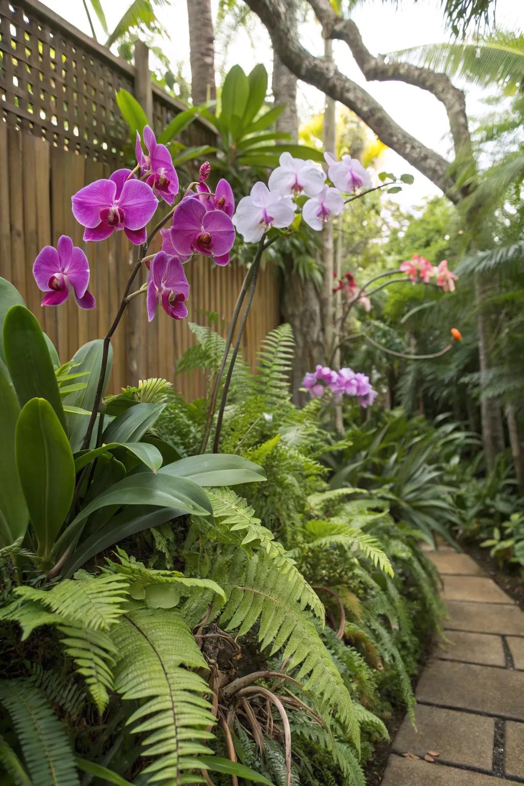 Orchids and ferns make a harmonious garden duo.