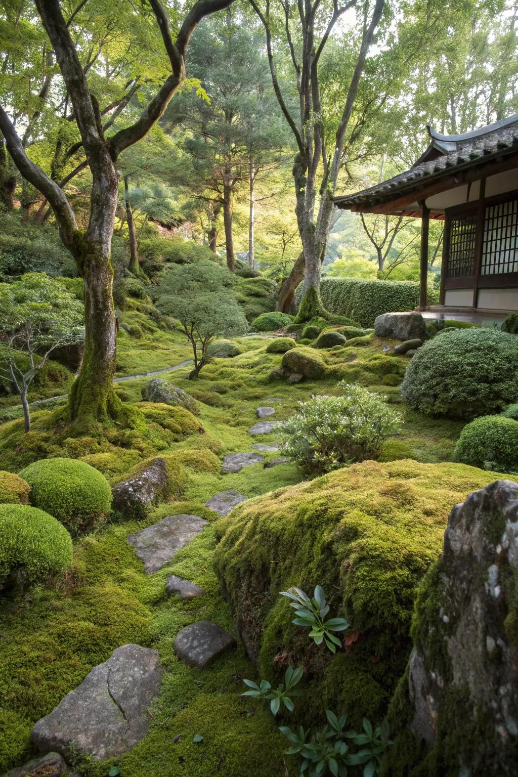 A serene moss garden with a variety of green hues.