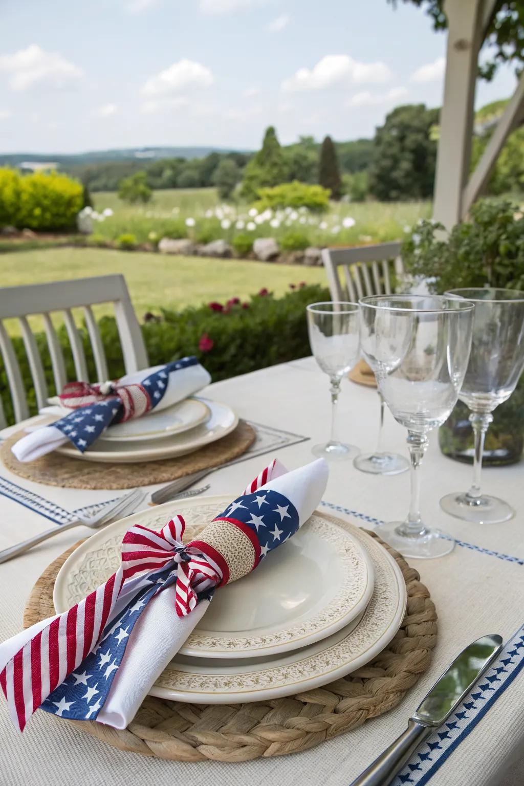 Stars and stripes napkin rings add a detailed touch to the table setting.
