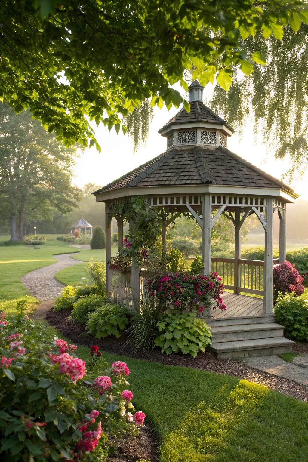 A gazebo offers a magical and sheltered outdoor space.