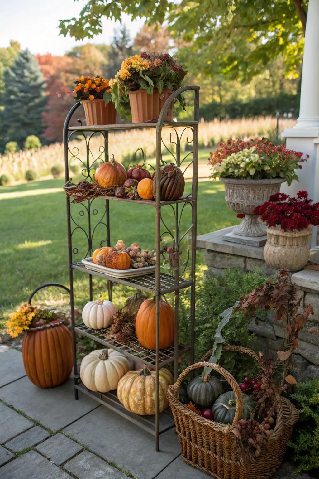 A seasonally decorated baker's rack, adding a dynamic touch to the garden.