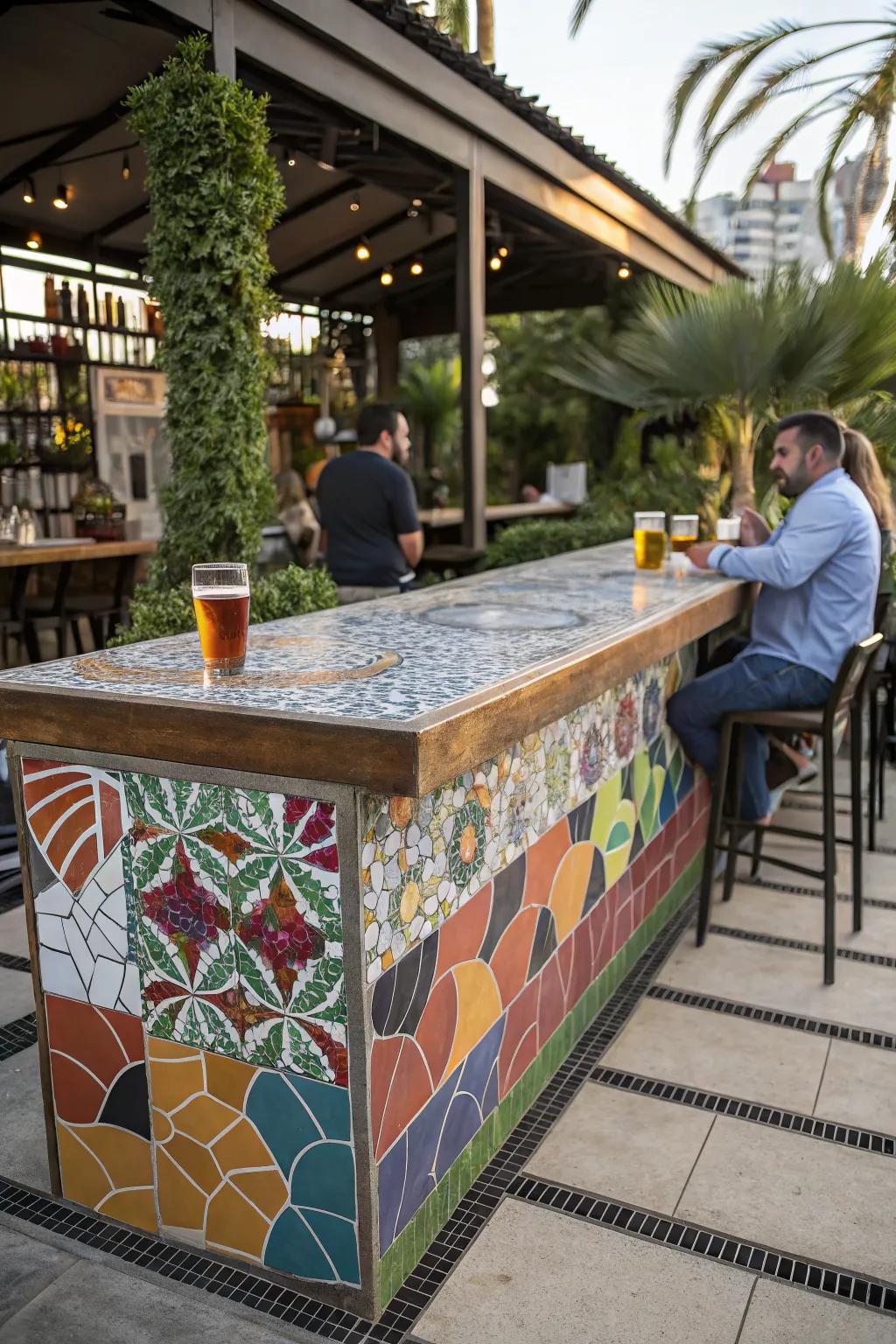 Mosaic tiles add artistic flair to the outdoor bar.