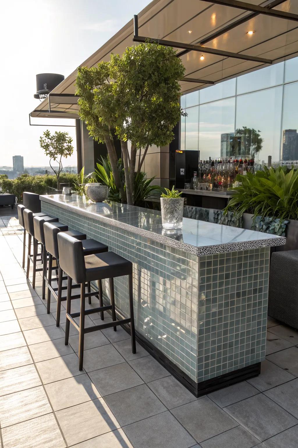 Glass tile countertops provide a sleek, modern look.