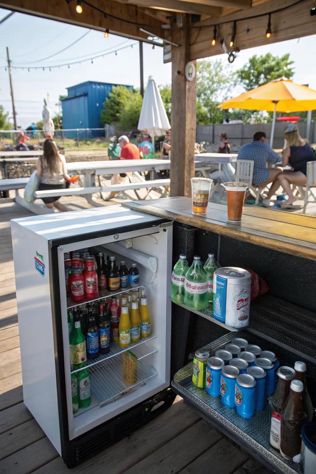 A mini fridge keeps refreshments chilled.