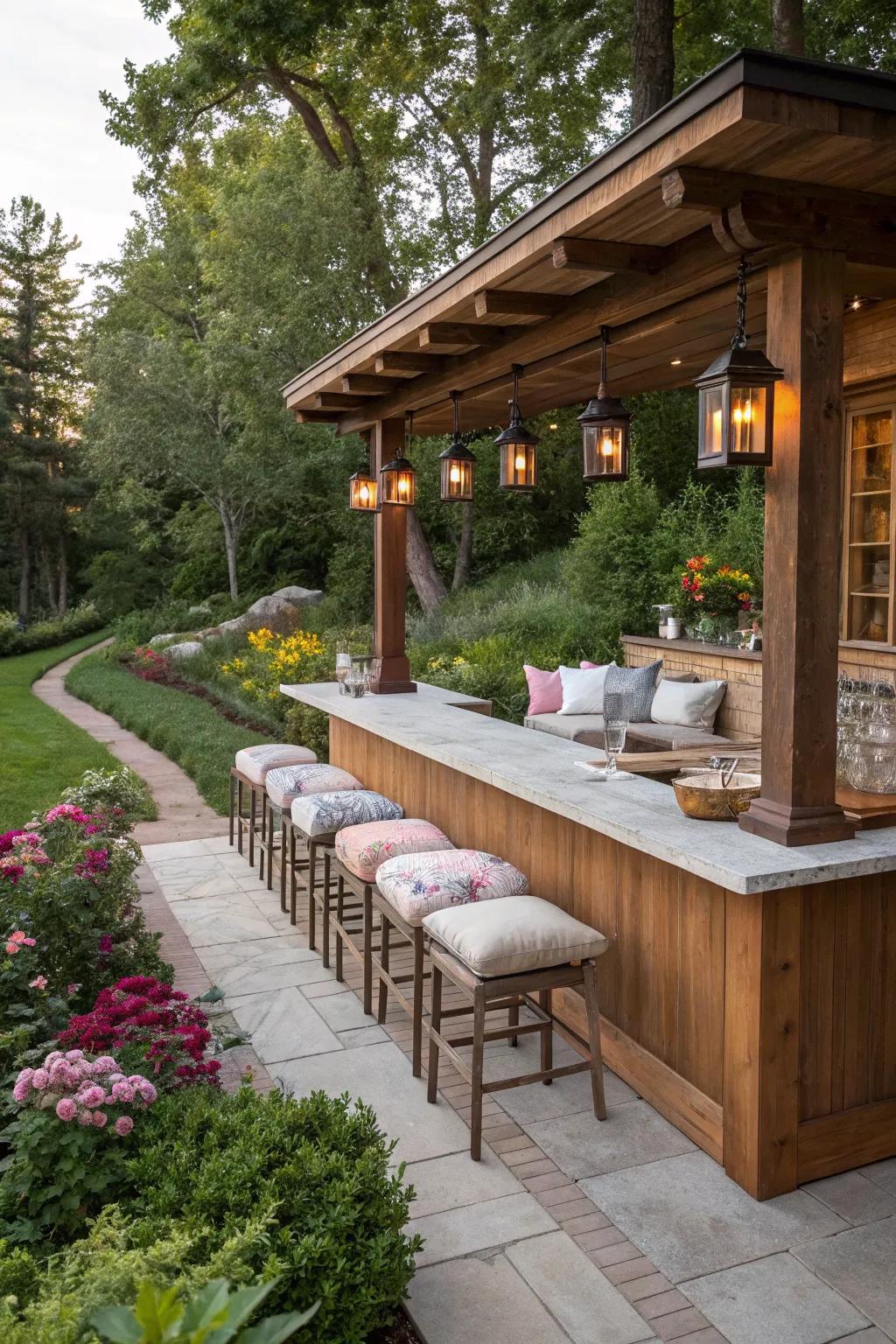 Built-in seating turns a bar into a social hub.