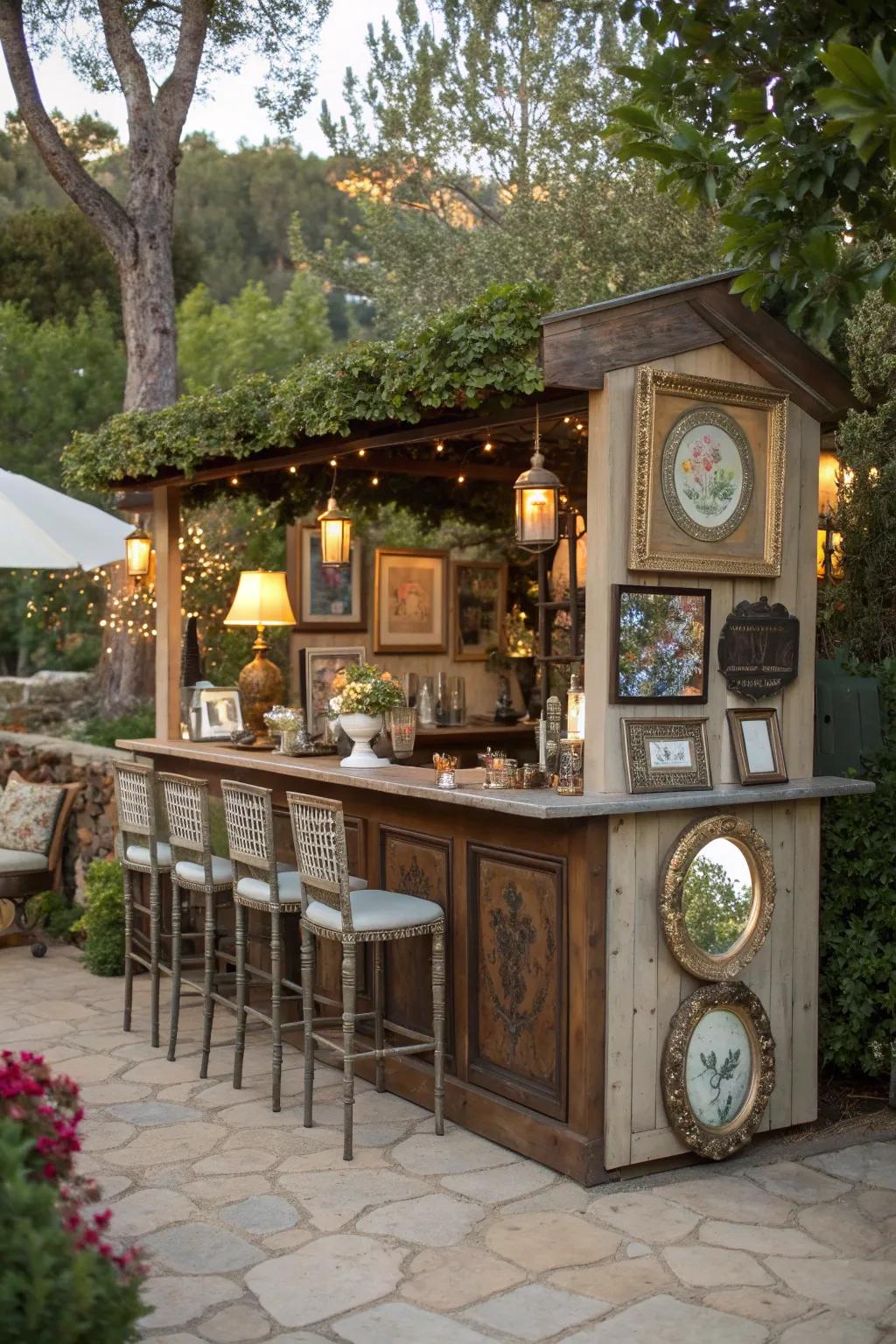 Thrifted decor adds unique character and charm to your outdoor bar.