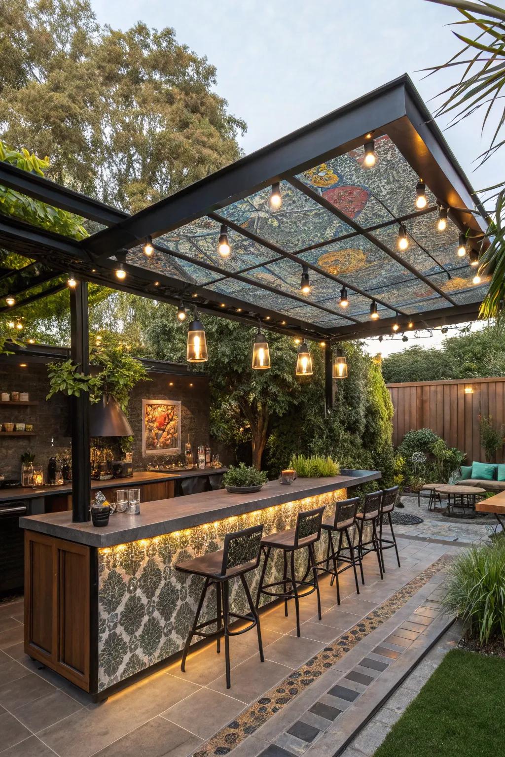 An artistic retractable roof allows for a dynamic and personalized outdoor bar experience.