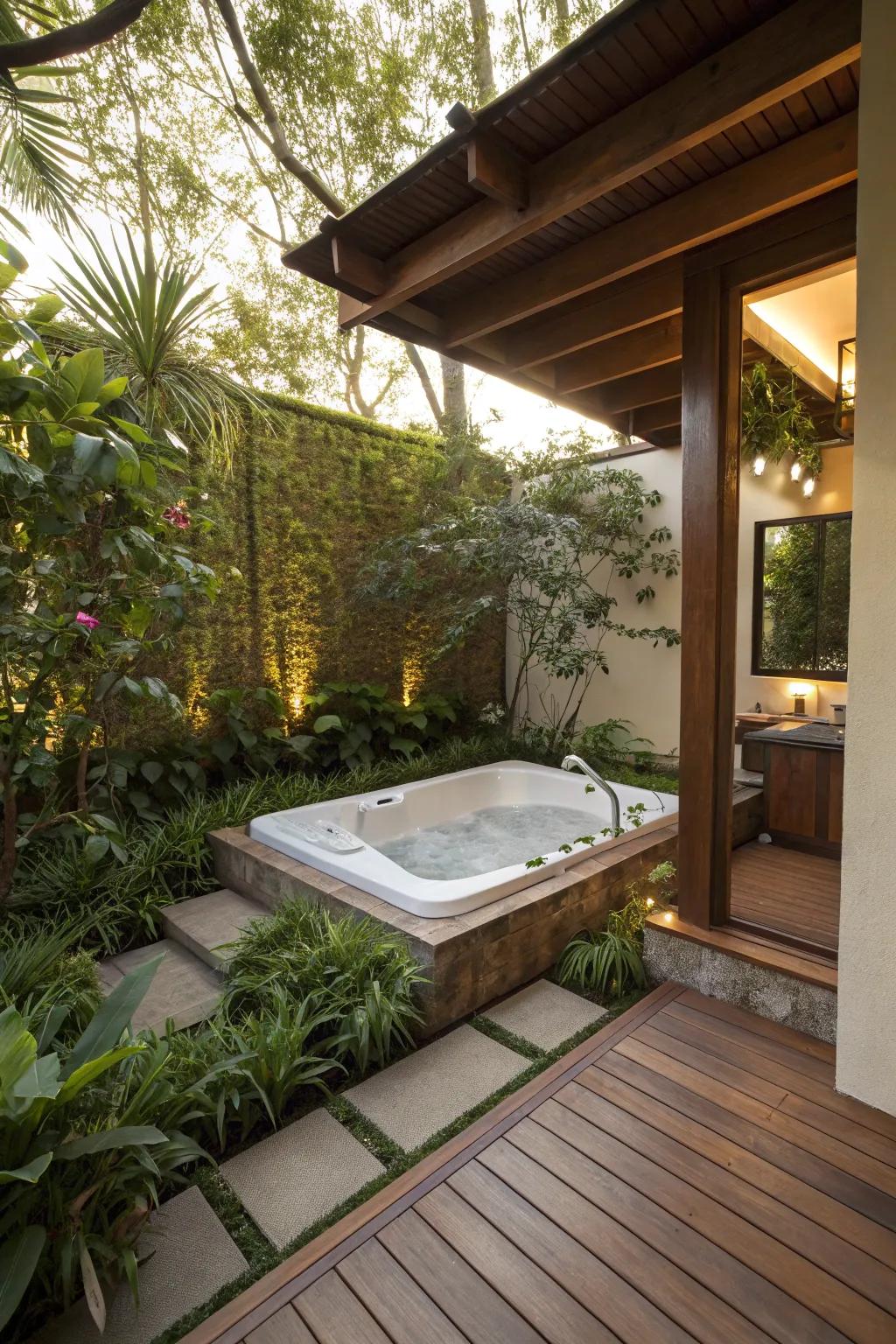 A sunken tub creates a seamless, luxurious look.