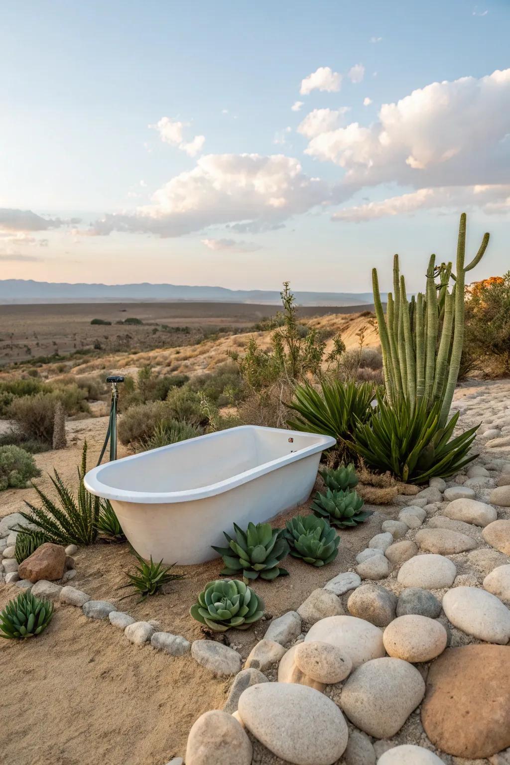 Desert retreat with succulents and sandy hues.
