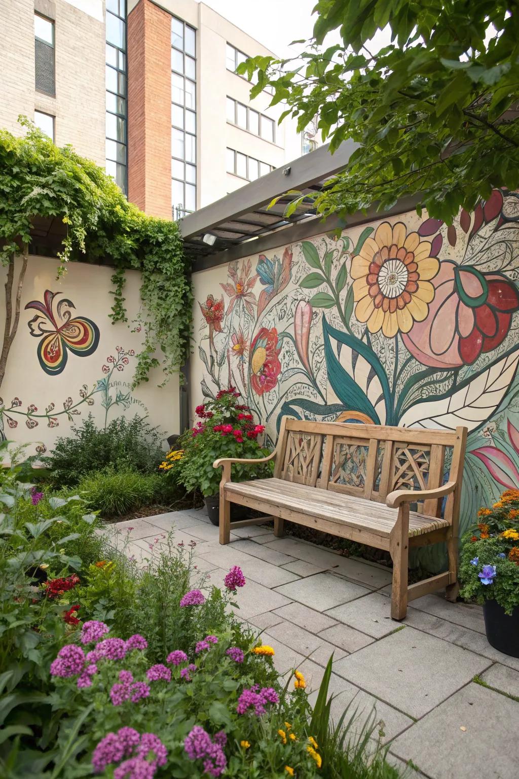 A bench featuring an artistic mural backdrop for visual interest.