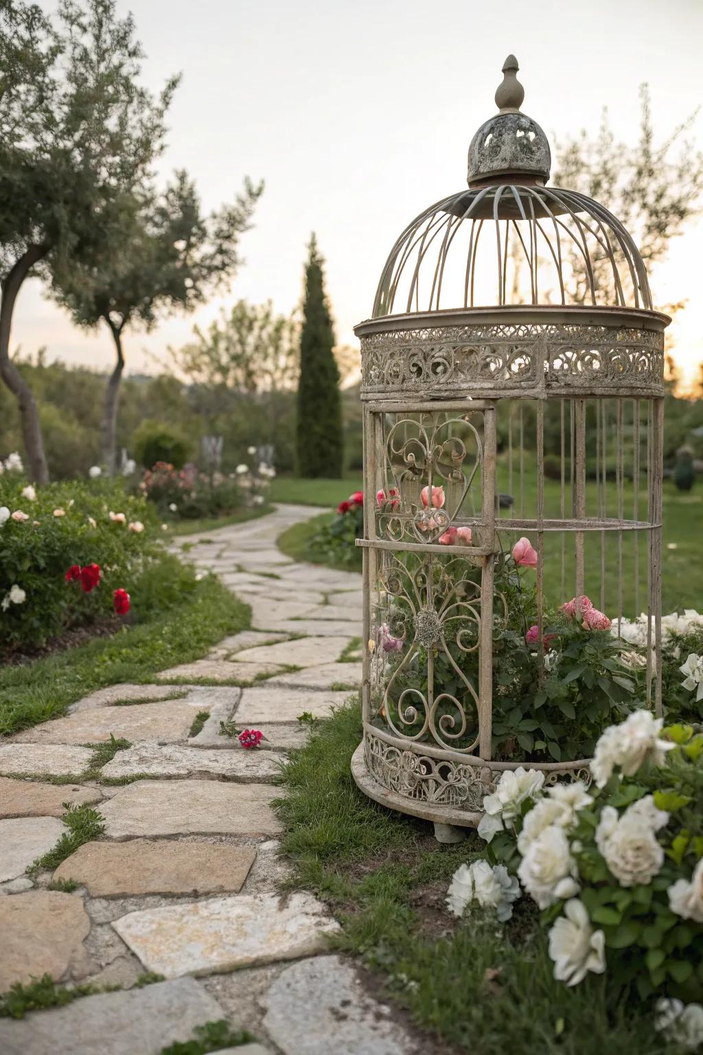 Make a statement with an artistic bird cage sculpture.