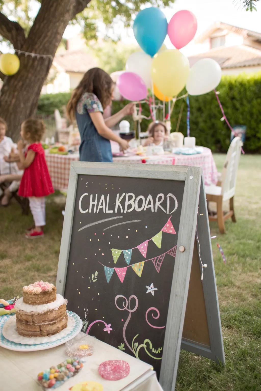 A quirky chalkboard with fun messages for party guests.