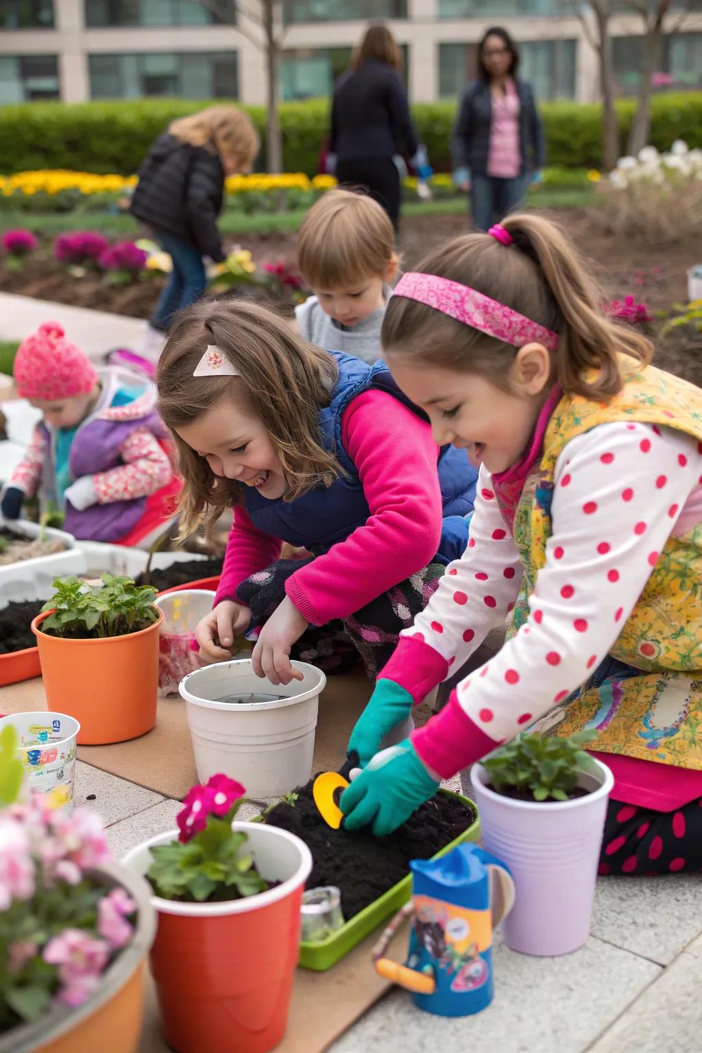 Kids planting small plants in creatively decorated pots at a gardening-themed birthday party.