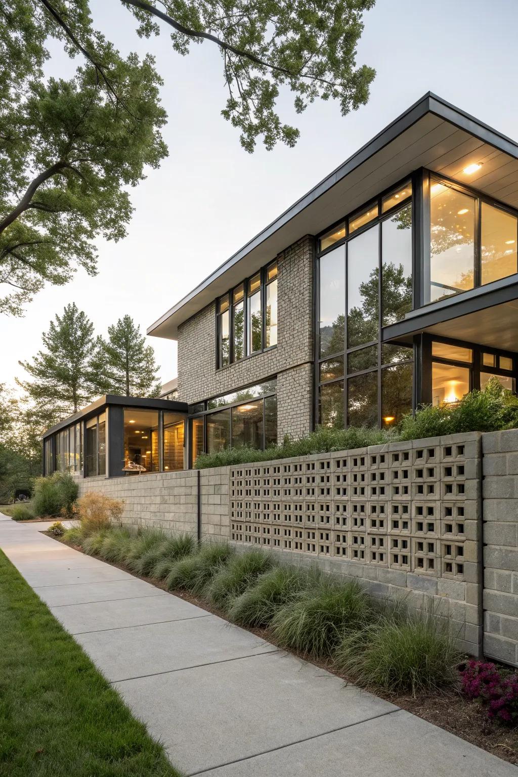 A contemporary home featuring a breeze block wall