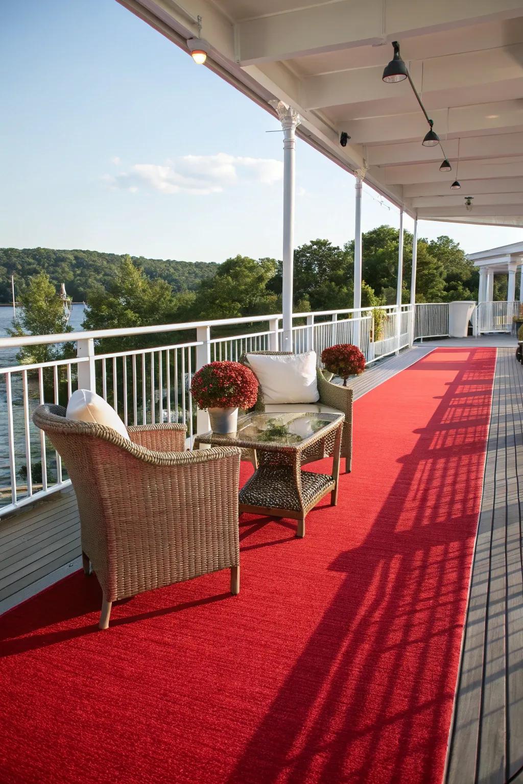 Add a pop of color with a vibrant carpet to liven up your deck.