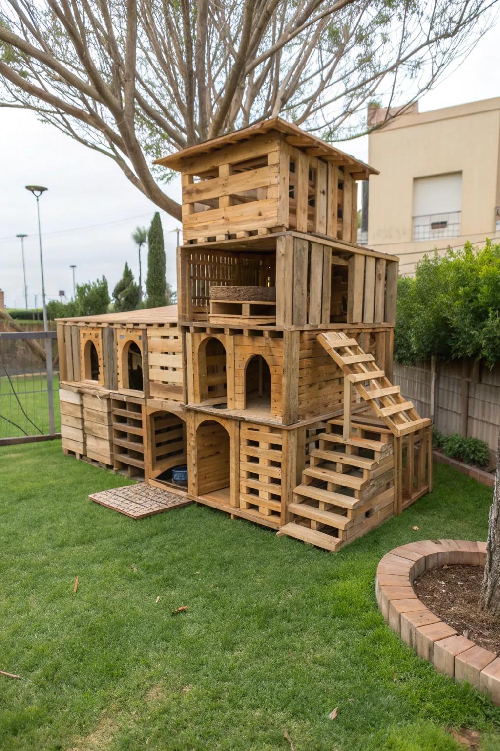 Recycled wood pallets make spacious, eco-friendly cat mansions.