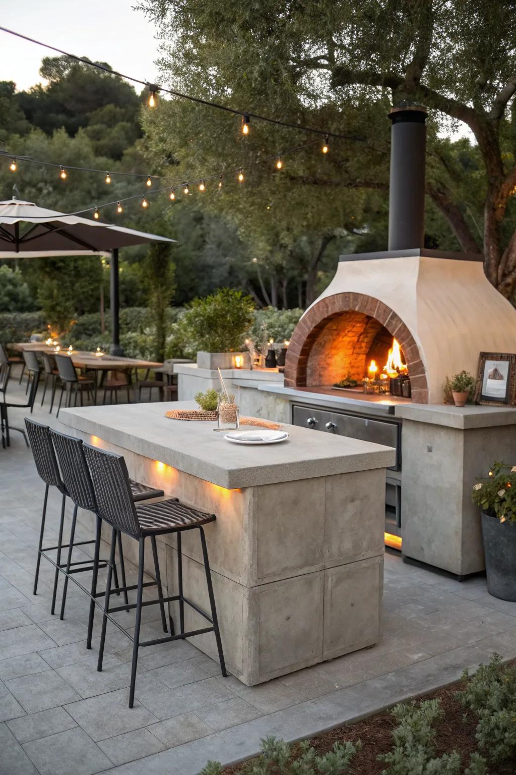 A pizza oven adds a fun twist to this concrete bar setup.