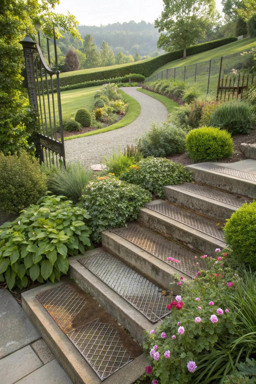 Concrete stairs with industrial metal treads.