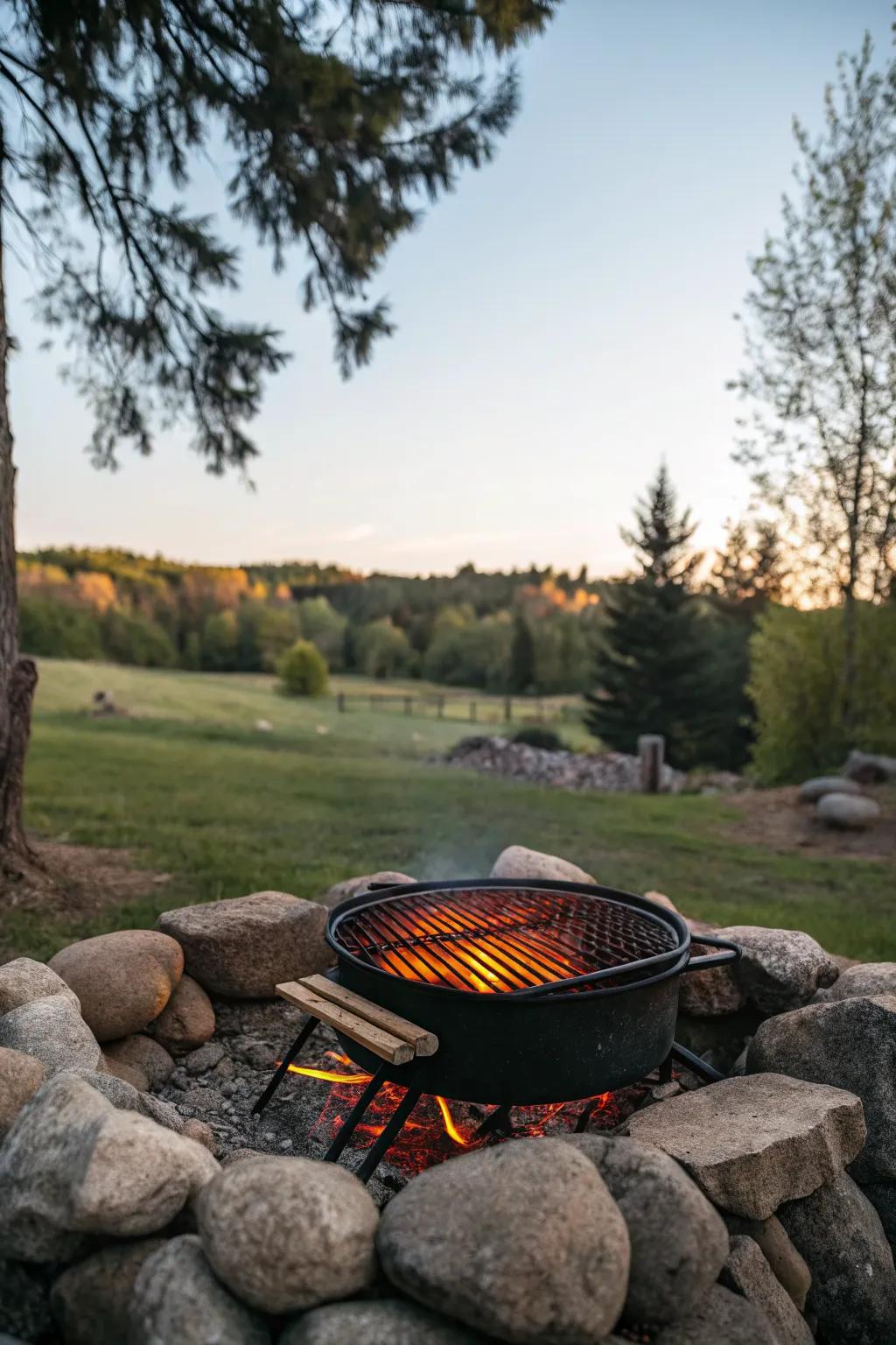 Portable fire pit with a grate for cooking on the go.