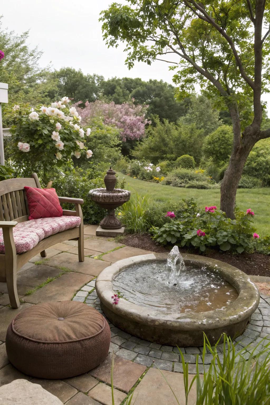 A bubbling fountain creates a perfect meditation spot.