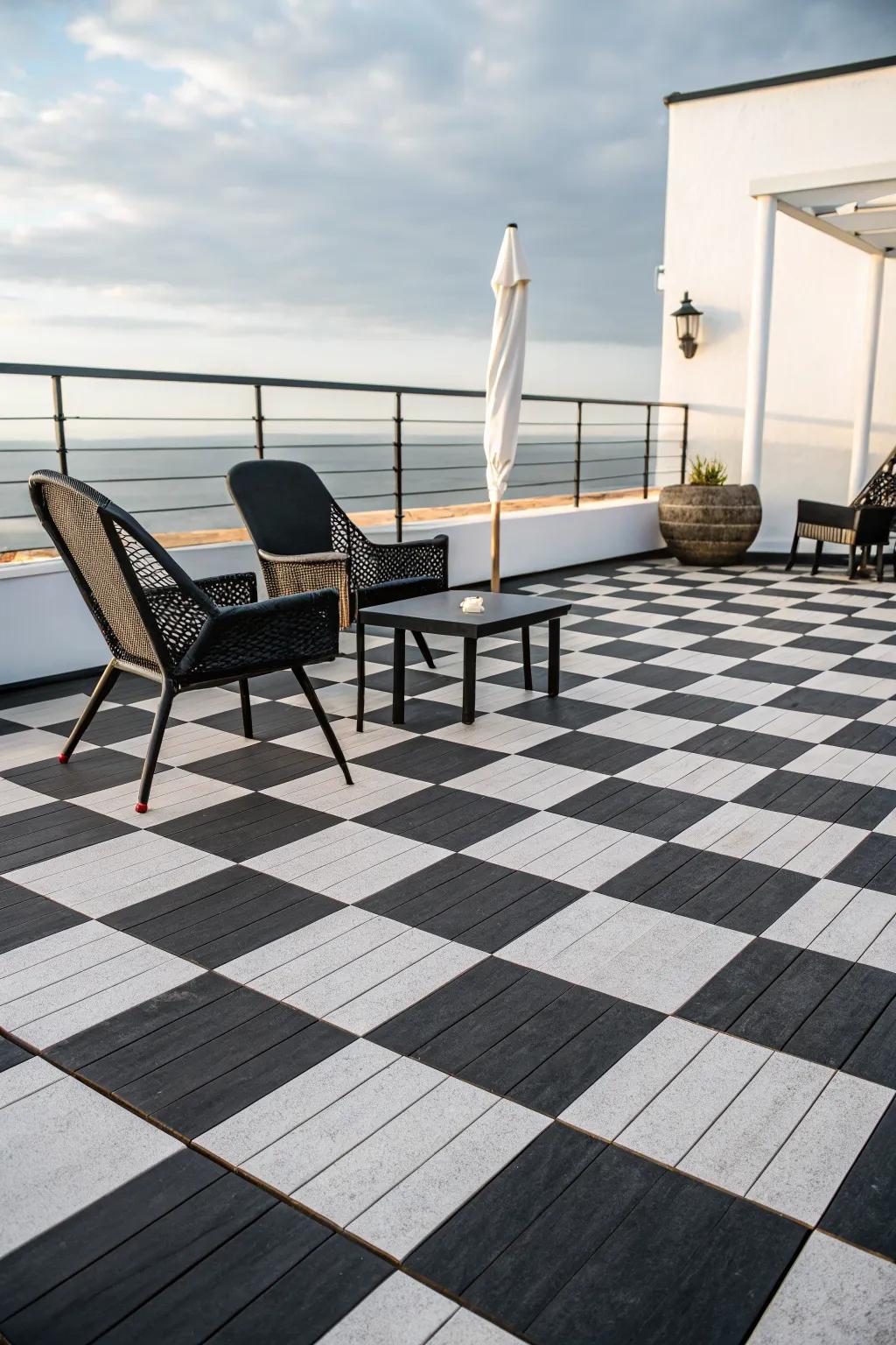 Checkerboard patterns add a bold, stylish touch to outdoor decks.