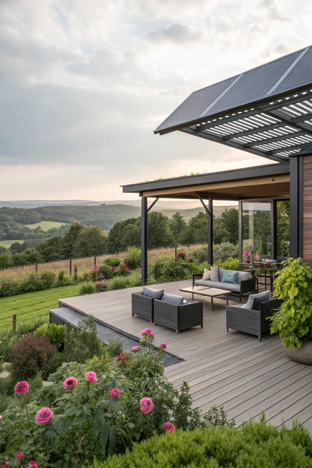 A deck with a solar panel roof for eco-friendly energy use.