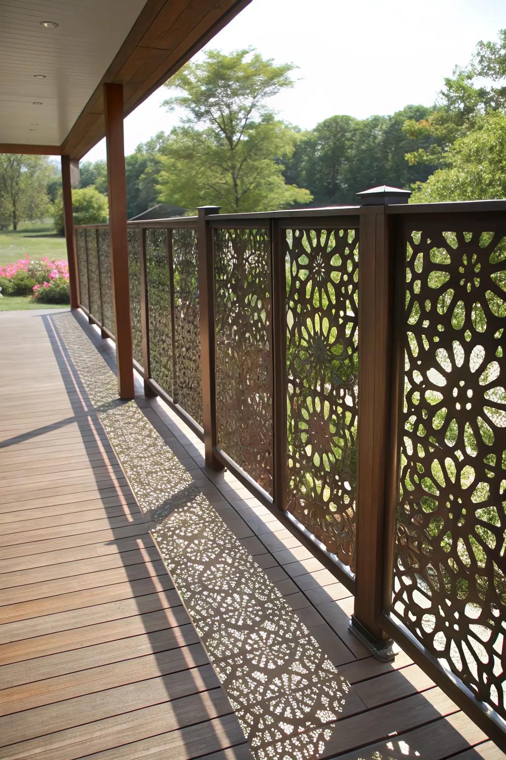 Decorative metal screens add artistic privacy elements.