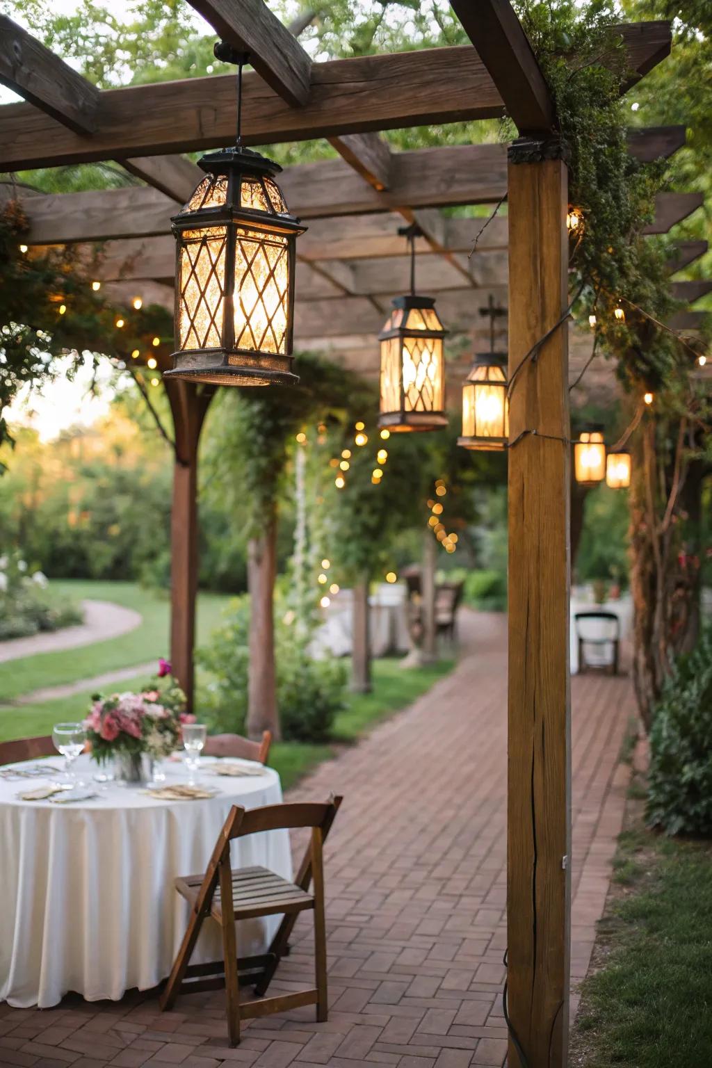 Vintage lanterns add a timeless glow to pergola dining.
