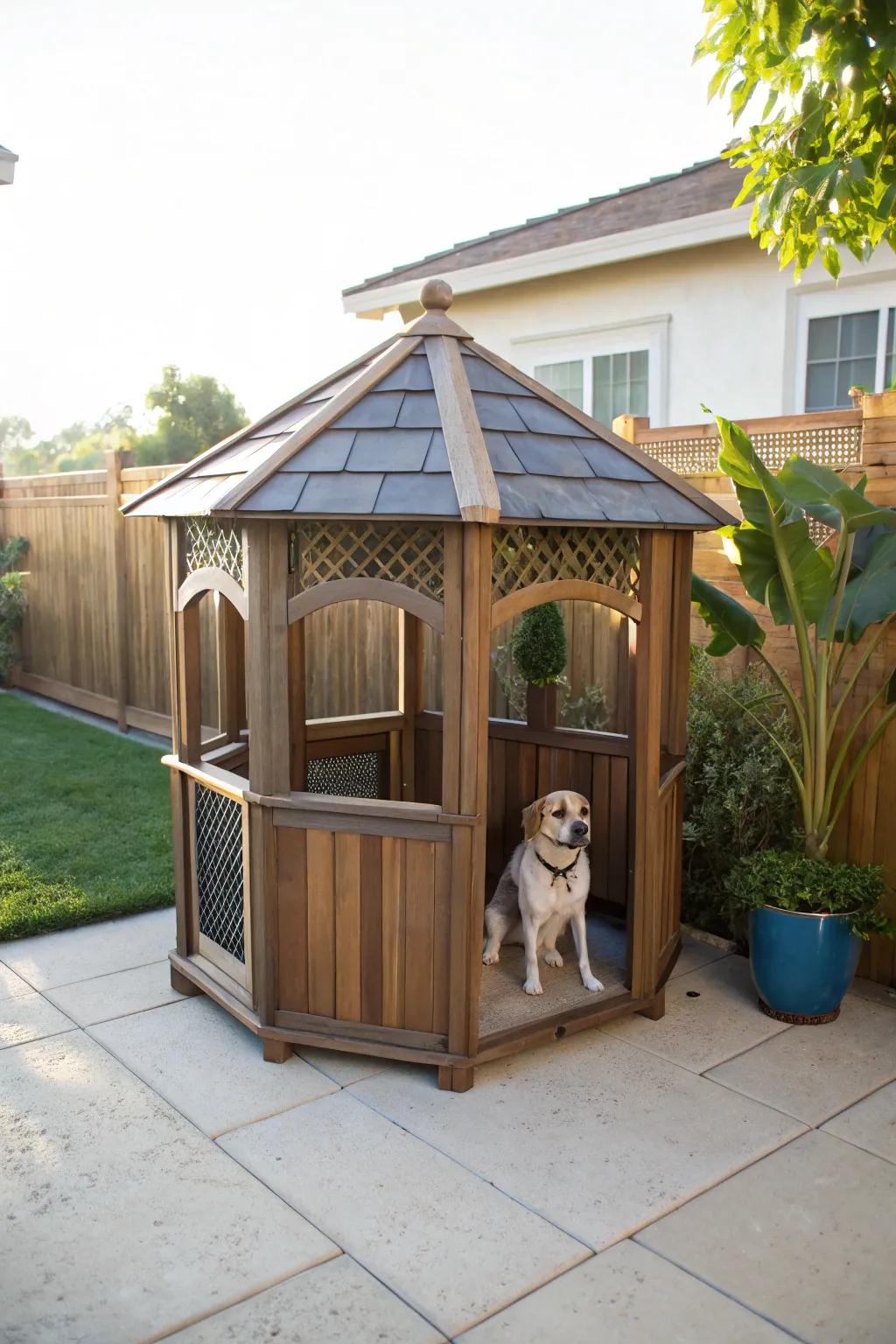 A gazebo-style dog house offering shade and breeze.