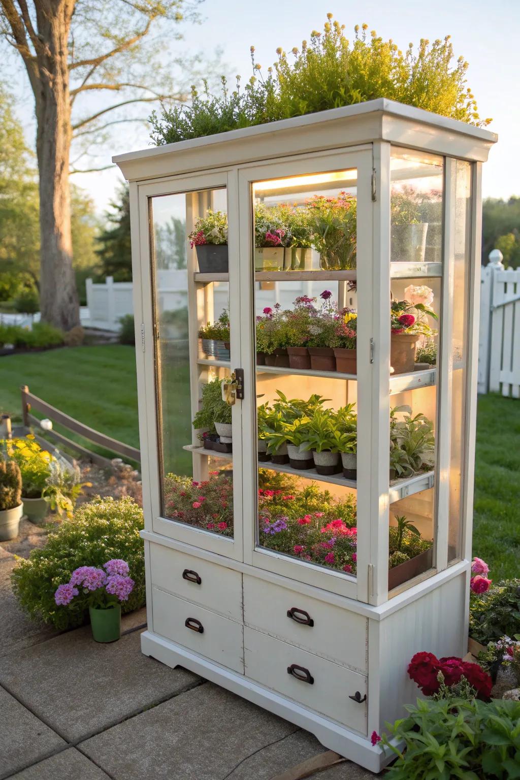 A unique mini greenhouse made from a dresser, perfect for small spaces.