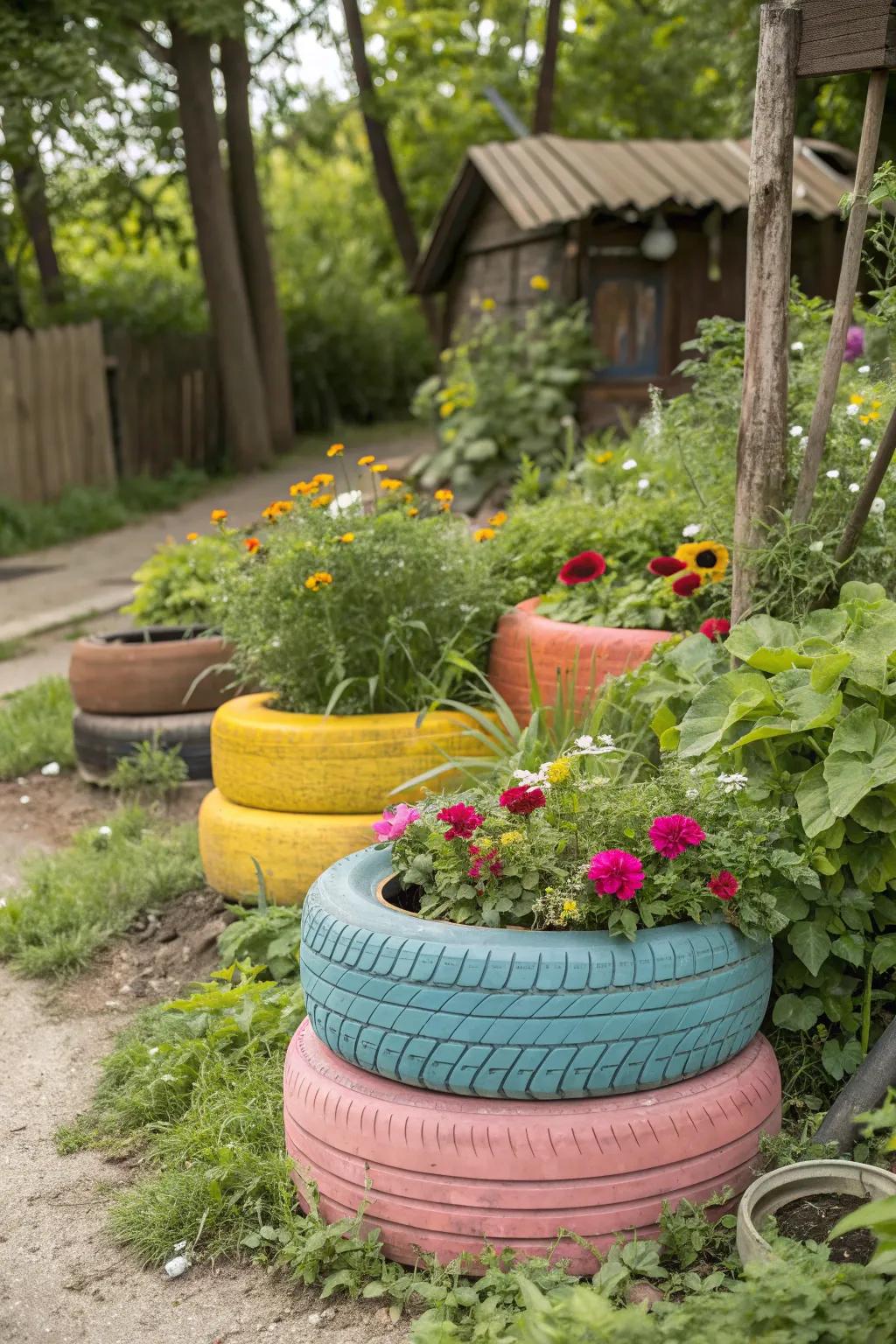 Upcycled decor elements add character and sustainability to your garden.
