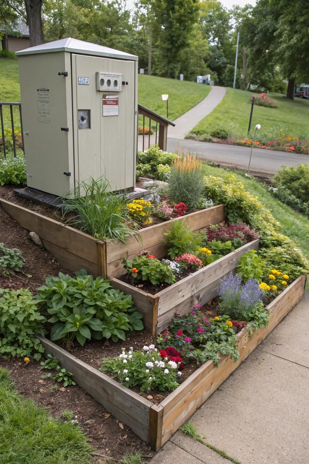 Tiered garden beds add layers and interest, providing effective concealment.