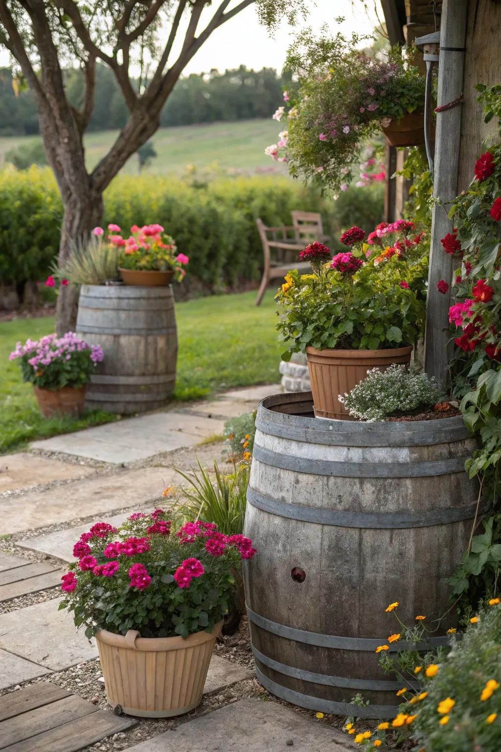 Rustic planters add a quaint, farm-like charm to outdoor spaces.