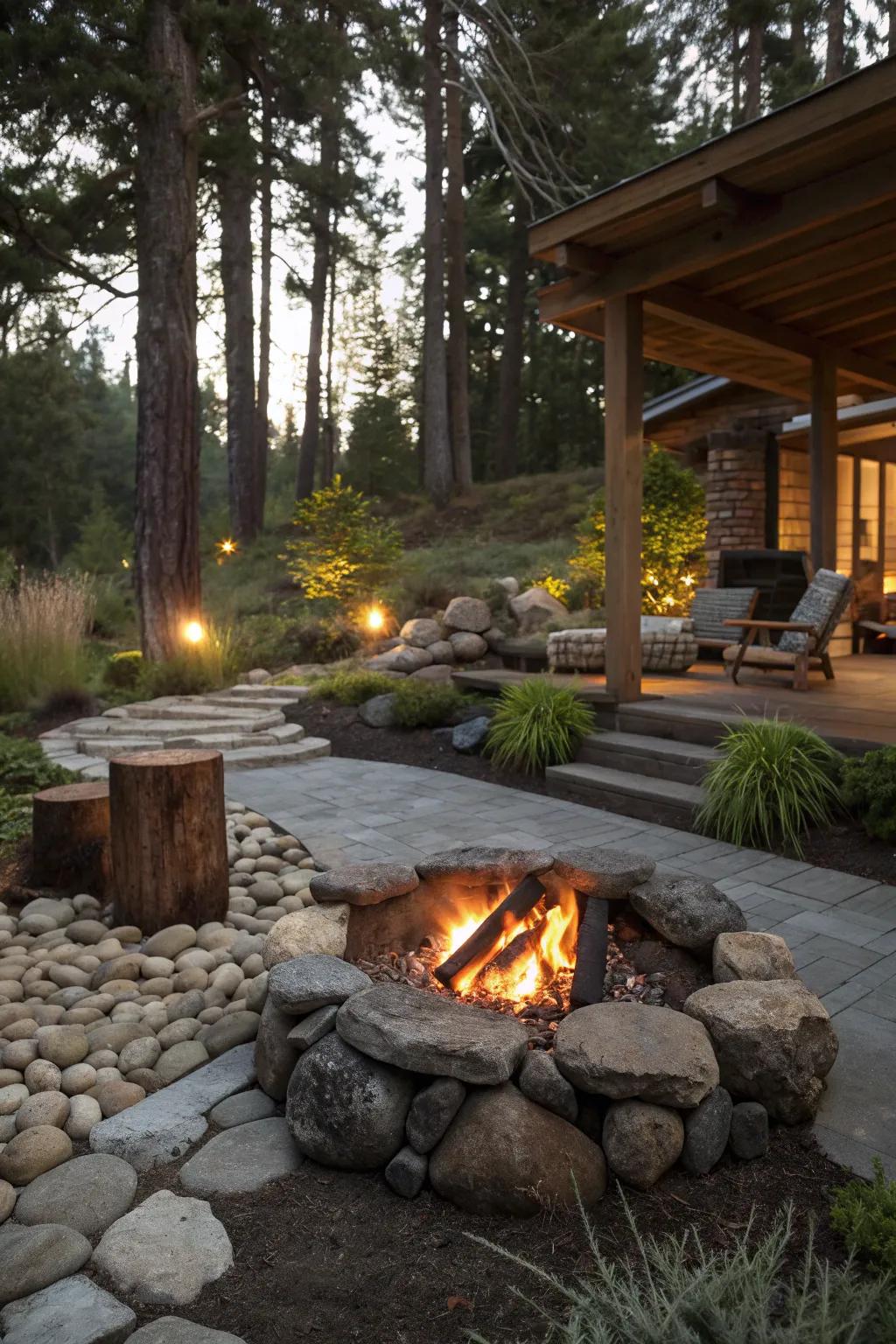 A stone and wood combo creates a natural and rustic fire pit area.